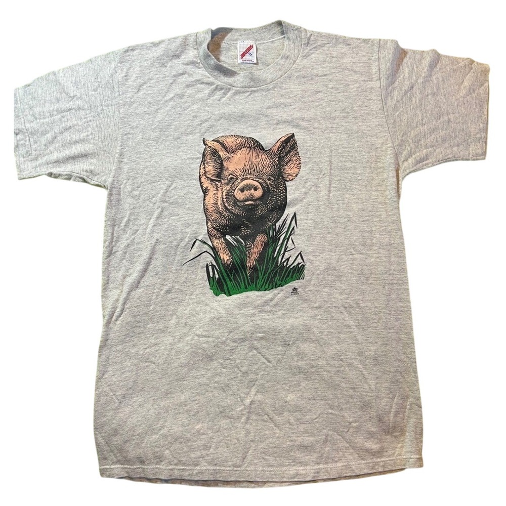 Vintage‎ 1983 Pig Graphic T Shirt Gray Jerzees  Usa Made